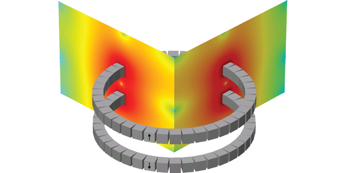 The fly wheel floats using two magnet rings. The fly wheel itself (not shown) is mounted on the top magnet ring which floats over the lower ring. The arrows show the direction of the magnetization of the individual magnets in the rings. The color scale shows the resulting magnetic field (red corresponds to high field). Illustration: DTU Energy